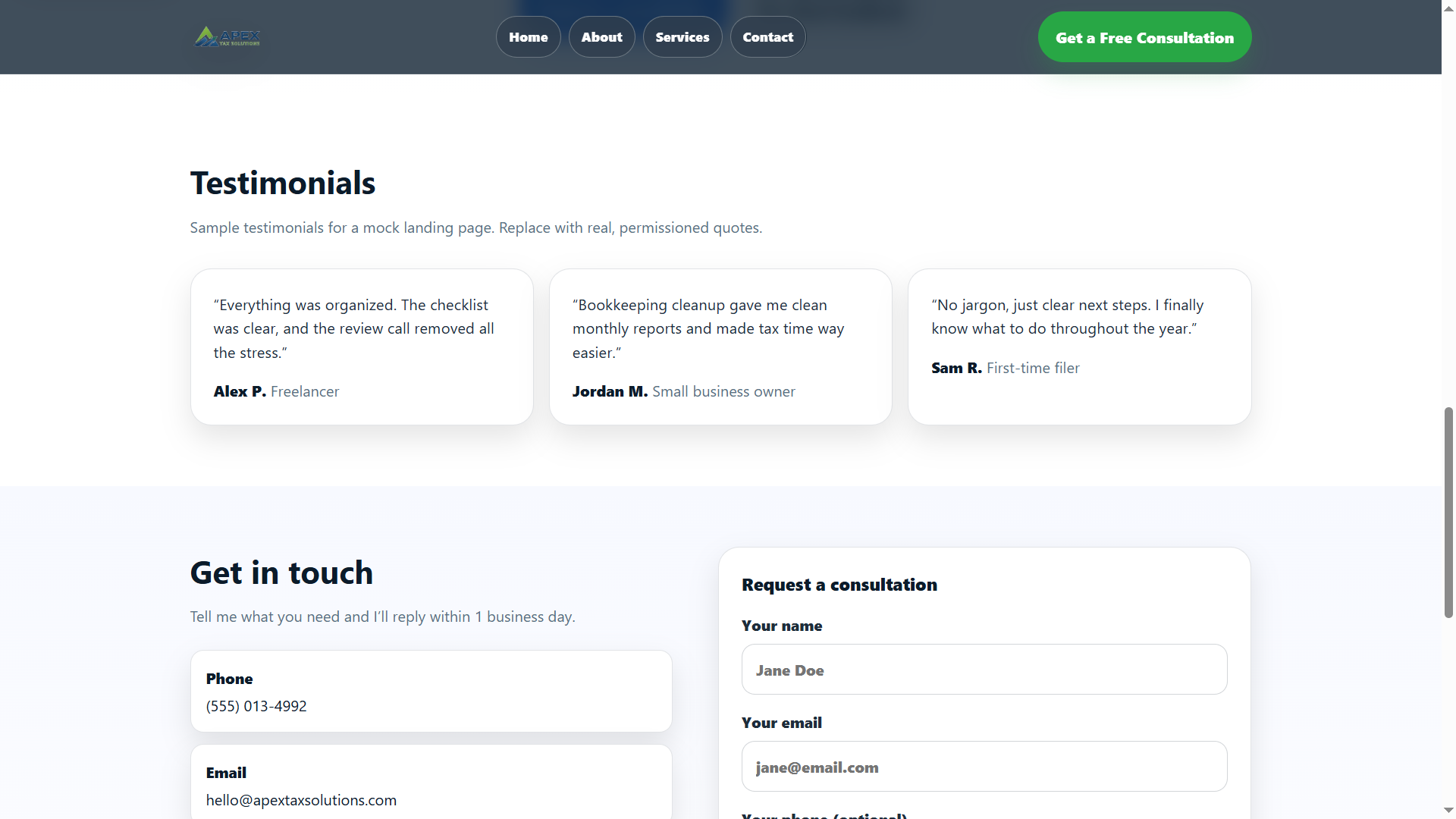 Apex Tax Solutions testimonials and social proof layout